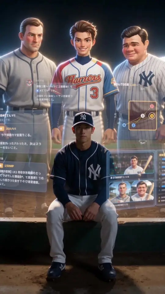 野球のダイヤモンドと3人のコーチを表すオリジナル図案。